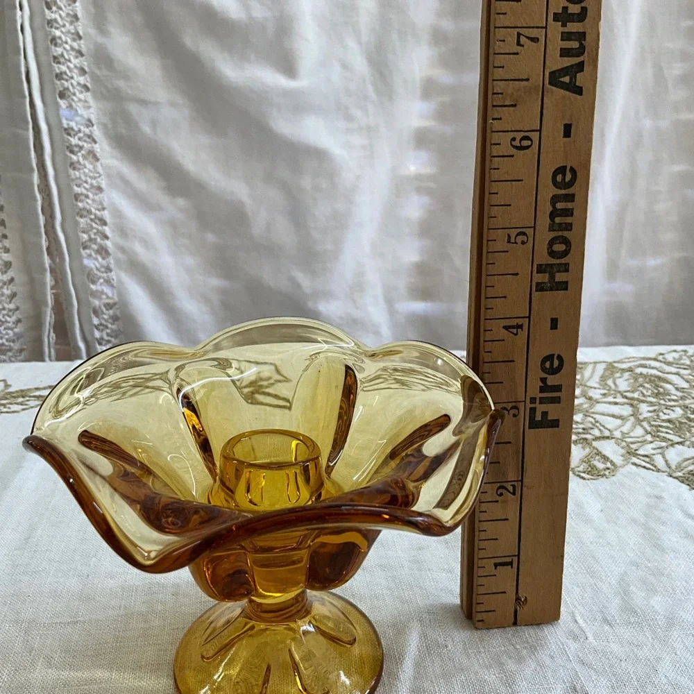 Vintage 2 Viking Amber Glass‎ Ruffled Flower Candle Holders MCM Honey Gold